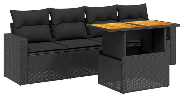 5 részes fekete polyrattan kerti kanapészett párnákkal