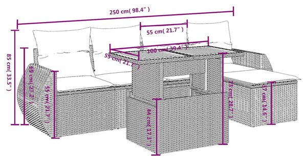 6 részes fekete polyrattan kerti ülőgarnitúra párnákkal