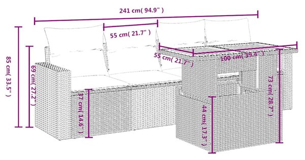 5 részes fekete polyrattan kerti kanapészett párnákkal