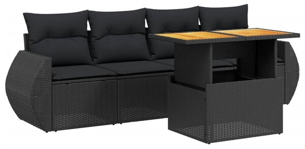 5 részes fekete polyrattan kerti kanapészett párnákkal