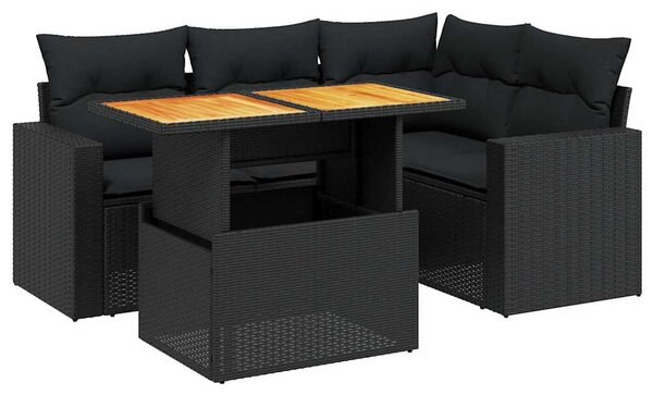 5 részes fekete polyrattan kerti kanapészett párnákkal