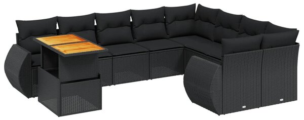 10 részes fekete polyrattan kerti ülőgarnitúra párnákkal