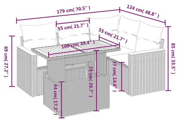 5 részes fekete polyrattan kerti kanapészett párnákkal