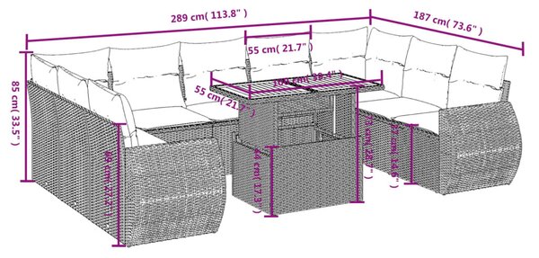 10 részes fekete polyrattan kerti ülőgarnitúra párnákkal