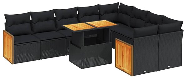 10 részes fekete polyrattan kerti ülőgarnitúra párnákkal