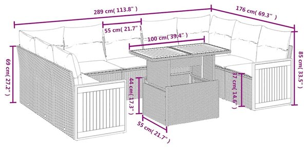 10 részes fekete polyrattan kerti ülőgarnitúra párnákkal