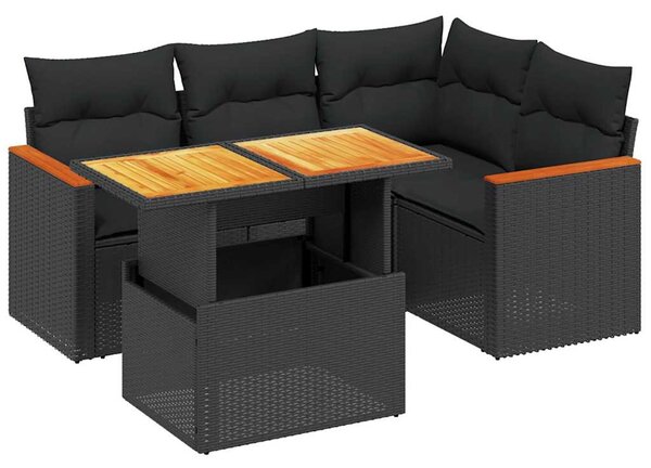 5 részes fekete polyrattan kerti kanapészett párnákkal