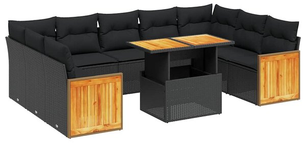 10 részes fekete polyrattan kerti ülőgarnitúra párnákkal
