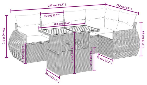 6 részes fekete polyrattan kerti ülőgarnitúra párnákkal