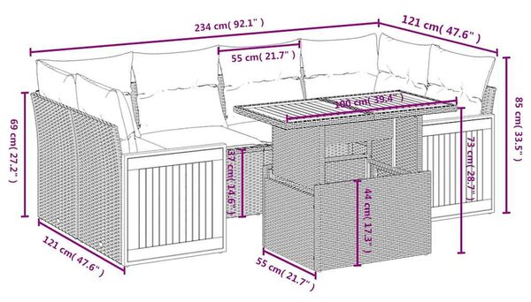 7 részes fekete polyrattan kerti ülőgarnitúra párnával