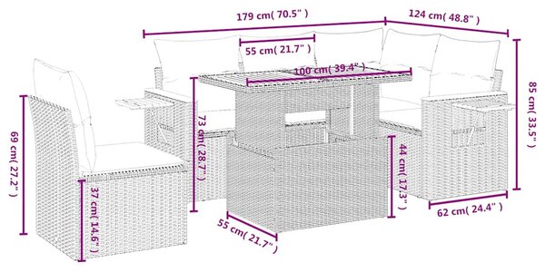 6 részes fekete polyrattan kerti ülőgarnitúra párnákkal