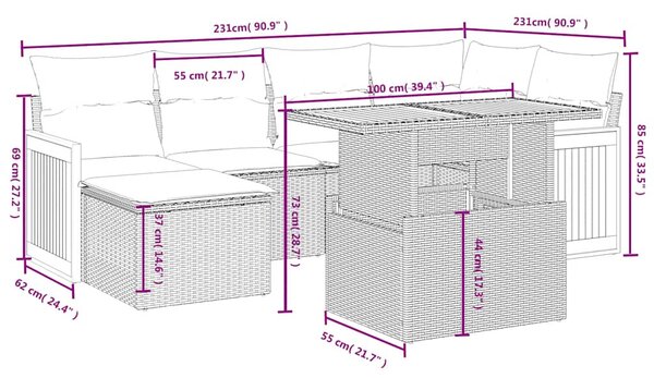 6 részes fekete polyrattan kerti ülőgarnitúra párnákkal