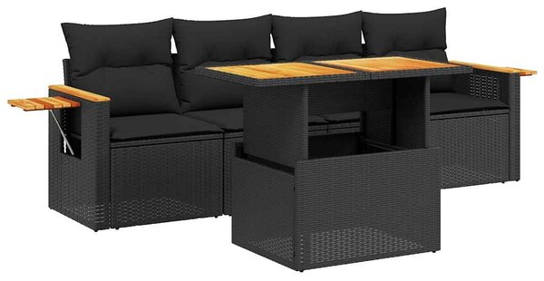 5 részes fekete polyrattan kerti kanapészett párnákkal