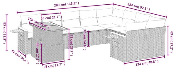 10 részes fekete polyrattan kerti ülőgarnitúra párnákkal