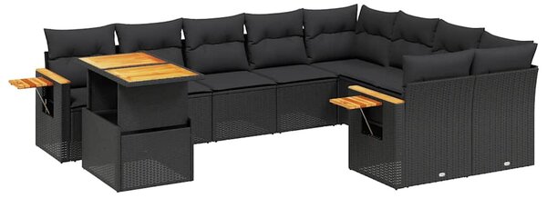 10 részes fekete polyrattan kerti ülőgarnitúra párnákkal