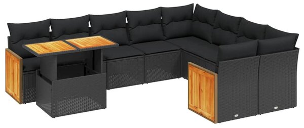 10 részes fekete polyrattan kerti ülőgarnitúra párnákkal