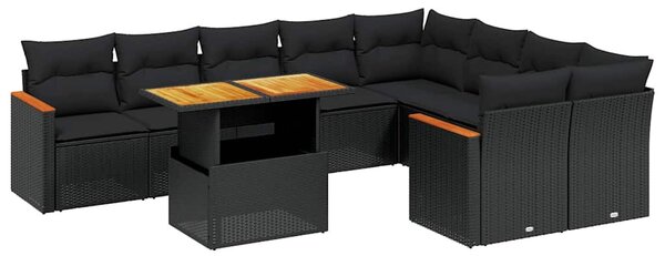 10 részes fekete polyrattan kerti ülőgarnitúra párnákkal