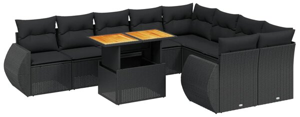 10 részes fekete polyrattan kerti ülőgarnitúra párnákkal
