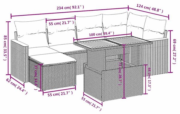 7 részes fekete polyrattan kerti ülőgarnitúra párnával