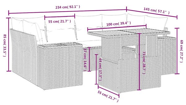 7 részes fekete polyrattan kerti ülőgarnitúra párnával