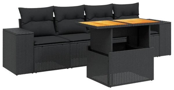 5 részes fekete polyrattan kerti kanapészett párnákkal