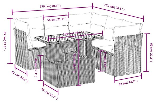 5 részes fekete polyrattan kerti kanapészett párnákkal
