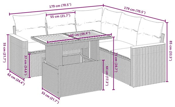 6 részes fekete polyrattan kerti ülőgarnitúra párnákkal
