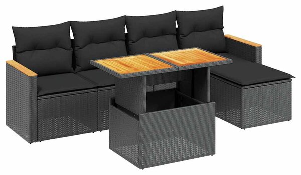 6 részes fekete polyrattan kerti ülőgarnitúra párnákkal