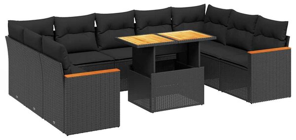 10 részes fekete polyrattan kerti ülőgarnitúra párnákkal