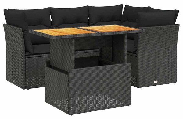 5 részes fekete polyrattan kerti kanapészett párnákkal