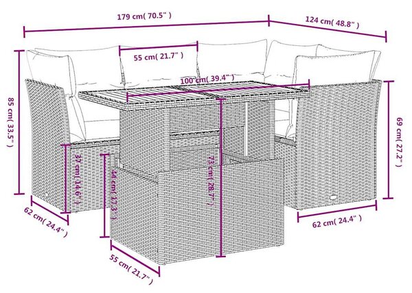 5 részes fekete polyrattan kerti kanapészett párnákkal