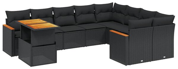 10 részes fekete polyrattan kerti ülőgarnitúra párnákkal