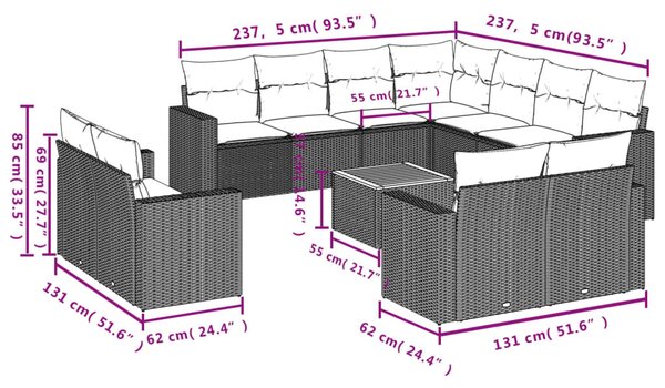 12 részes fekete polyrattan kerti ülőgarnitúra párnákkal