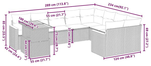 10 részes fekete polyrattan kerti ülőgarnitúra párnákkal
