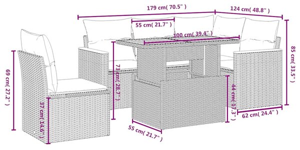 6 részes fekete polyrattan kerti ülőgarnitúra párnákkal