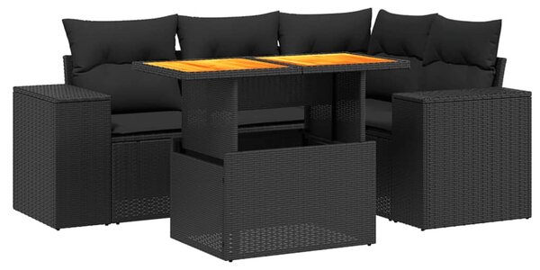 5 részes fekete polyrattan kerti kanapészett párnákkal