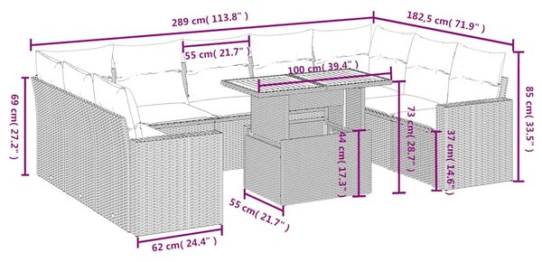 10 részes fekete polyrattan kerti ülőgarnitúra párnákkal