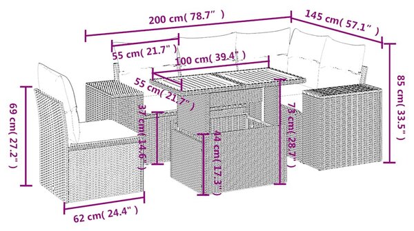 6 részes fekete polyrattan kerti ülőgarnitúra párnákkal