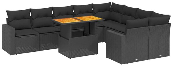 10 részes fekete polyrattan kerti ülőgarnitúra párnákkal