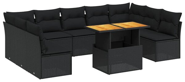10 részes fekete polyrattan kerti ülőgarnitúra párnákkal