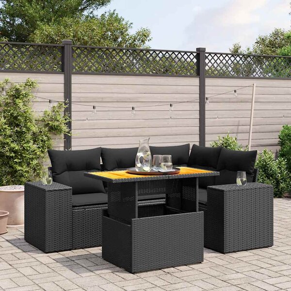 5 részes fekete polyrattan kerti kanapészett párnákkal