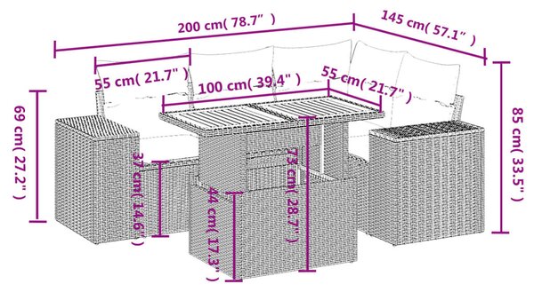 5 részes fekete polyrattan kerti kanapészett párnákkal