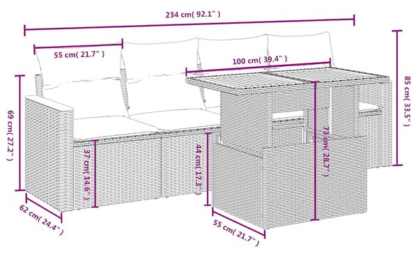 5 részes fekete polyrattan kerti kanapészett párnákkal