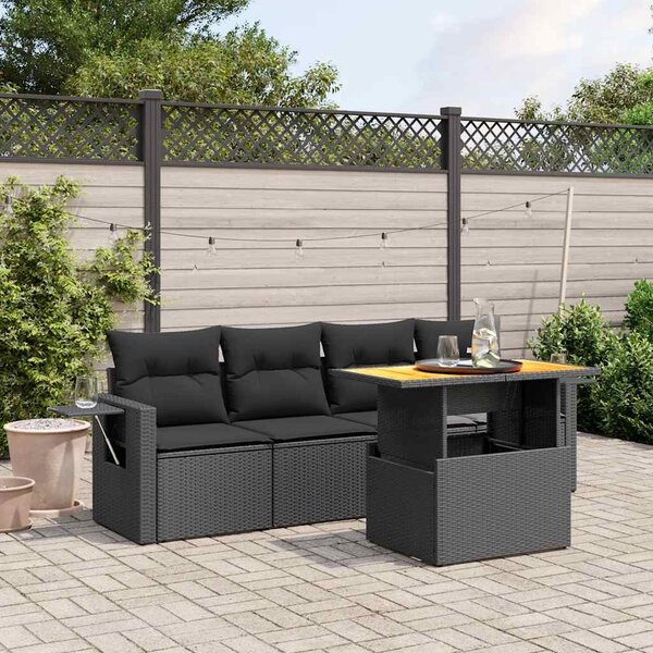 5 részes fekete polyrattan kerti kanapészett párnákkal