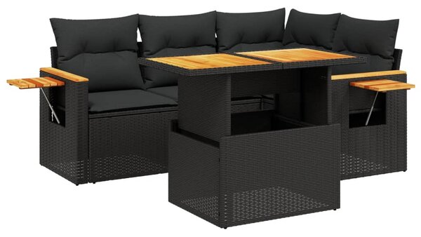 5 részes fekete polyrattan kerti kanapészett párnákkal