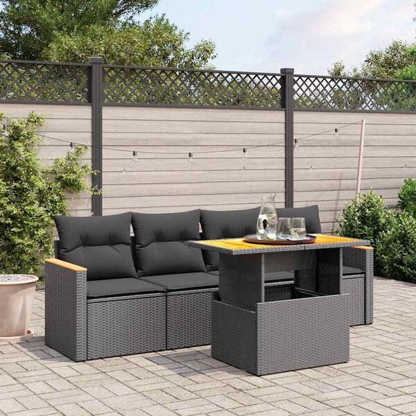 5 részes fekete polyrattan kerti kanapészett párnákkal