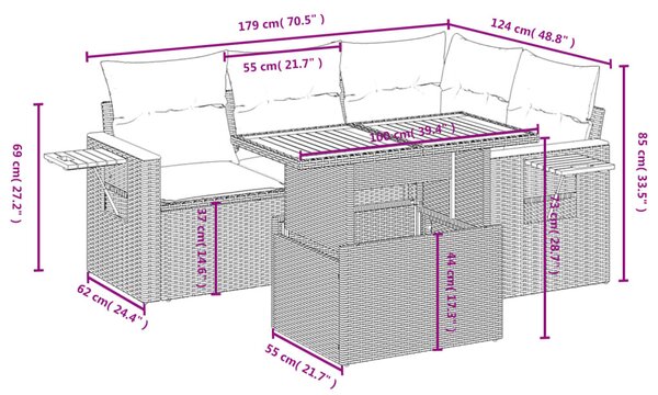 5 részes fekete polyrattan kerti kanapészett párnákkal