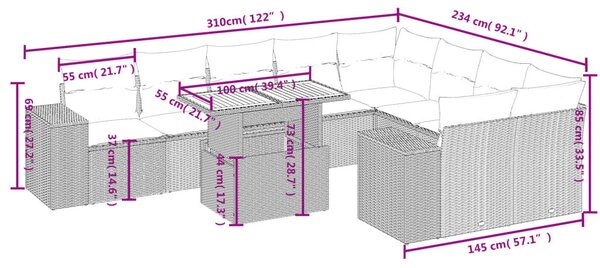 10 részes fekete polyrattan kerti ülőgarnitúra párnákkal