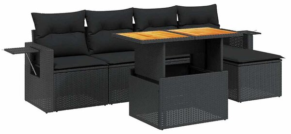 6 részes fekete polyrattan kerti ülőgarnitúra párnákkal