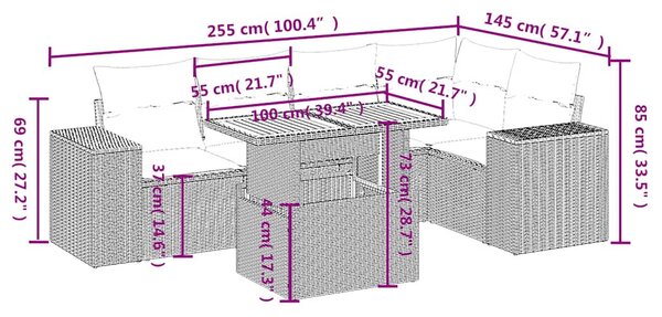 6 részes fekete polyrattan kerti ülőgarnitúra párnákkal
